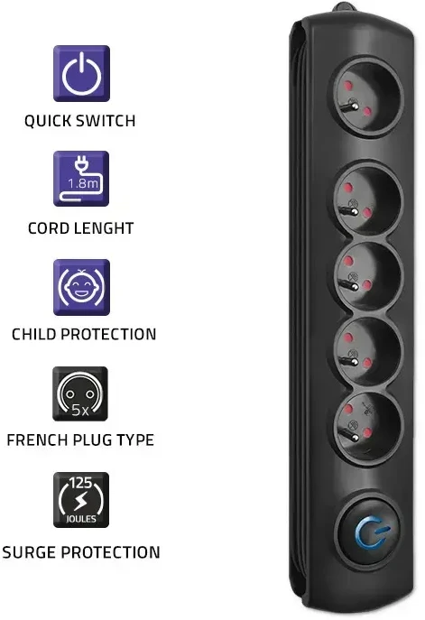 QOLTEC Apsauga nuo viršįtampių Quick Switch 5 lizdai 1,8m juodas