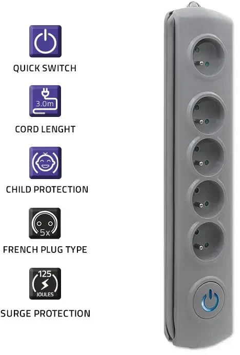 QOLTEC Apsauga nuo viršįtampių Quick Switch 5 lizdai 3m pilka