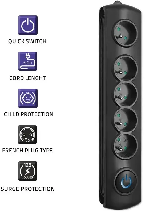 QOLTEC Apsauga nuo viršįtampių Quick Switch 5 lizdai 3m juodas