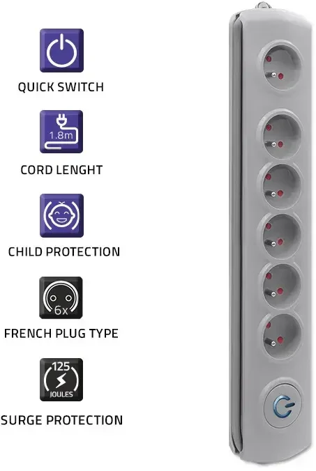 QOLTEC 50165 Apsaugos nuo viršįtampių Quick Switch 6 lizdai pilka 1.8m