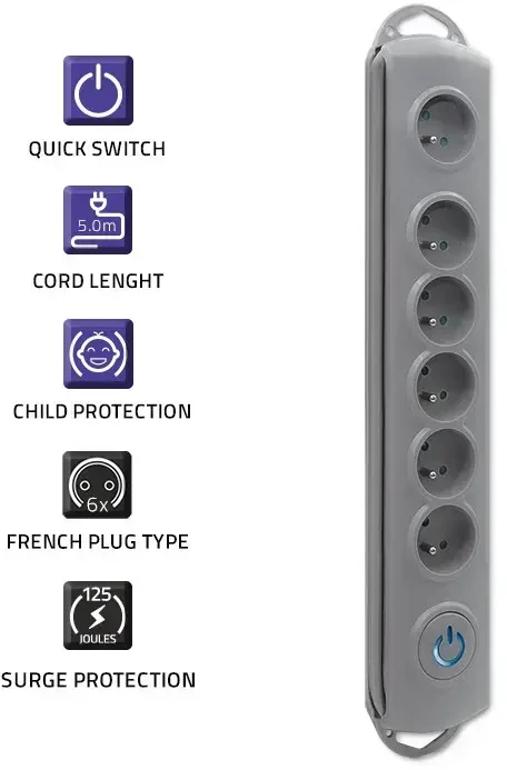 QOLTEC 50199 Apsauga nuo viršįtampių 6 lizdai 5m