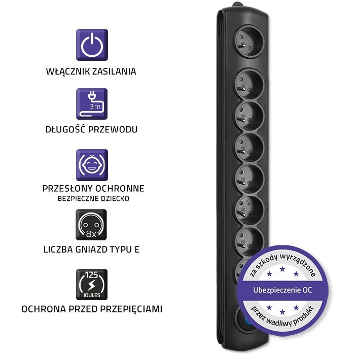 QOLTEC 50114 Viršįtampių apsauga 8 maitinimo lizdas 3,0m