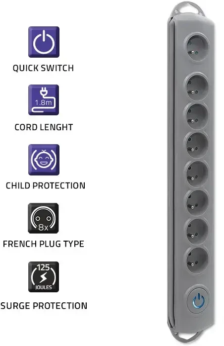 QOLTEC 50167 Apsaugos nuo viršįtampių Quick Switch 8 lizdai pilka 1,8m