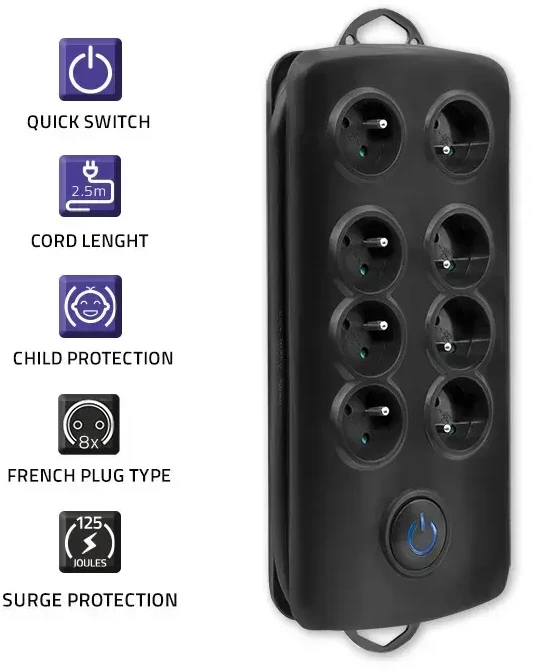 QOLTEC 50161 Apsaugos nuo viršįtampių Quick Switch 8 lizdai juodas 2,5m