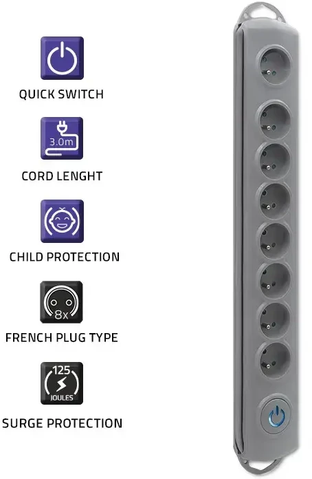 QOLTEC 50168 Apsaugos nuo viršįtampių Quick Switch 8 lizdai pilka 3m