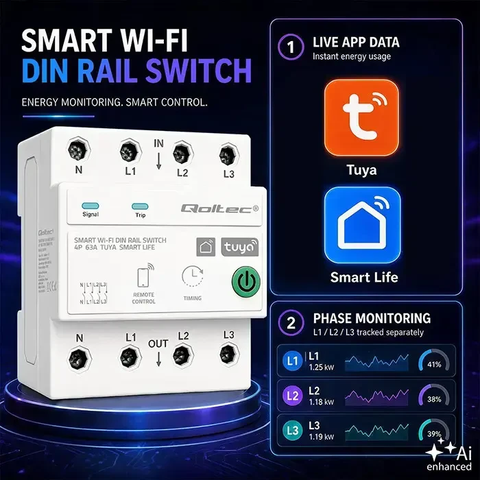 Qoltec Trójfazowy przekaźnik 63A na szynę DIN | 3P+N | Timer | Wi-Fi | Tuya | Smart Life | Amazon Alexa | 4P