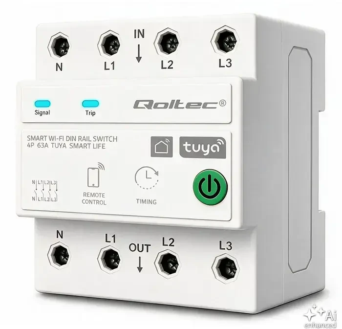 Qoltec Trójfazowy przekaźnik 63A na szynę DIN | 3P+N | Timer | Wi-Fi | Tuya | Smart Life | Amazon Alexa | 4P