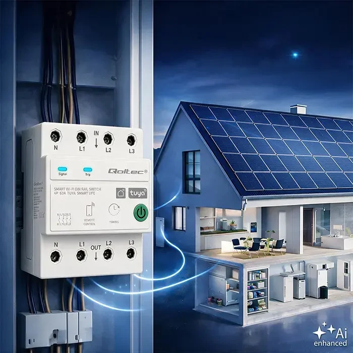 Qoltec Trójfazowy przekaźnik 63A na szynę DIN | 3P+N | Timer | Wi-Fi | Tuya | Smart Life | Amazon Alexa | 4P