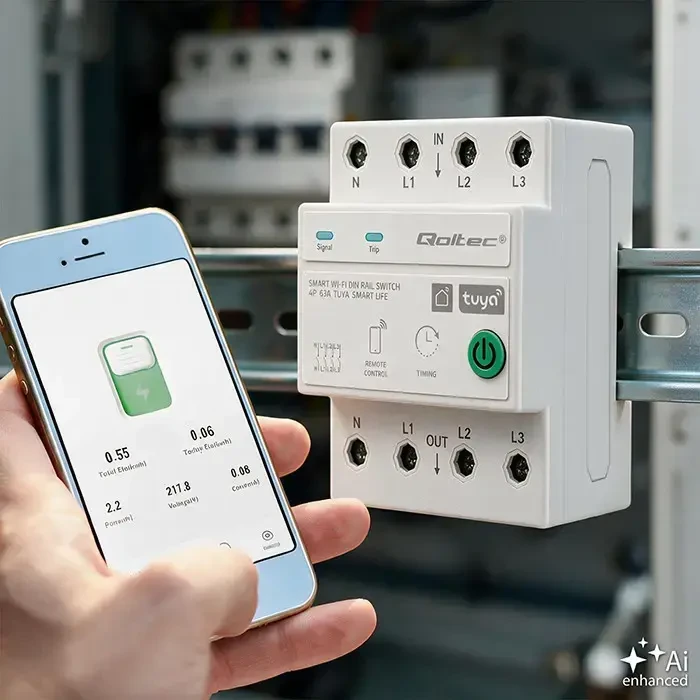 Qoltec Trójfazowy przekaźnik 63A na szynę DIN | 3P+N | Timer | Wi-Fi | Tuya | Smart Life | Amazon Alexa | 4P