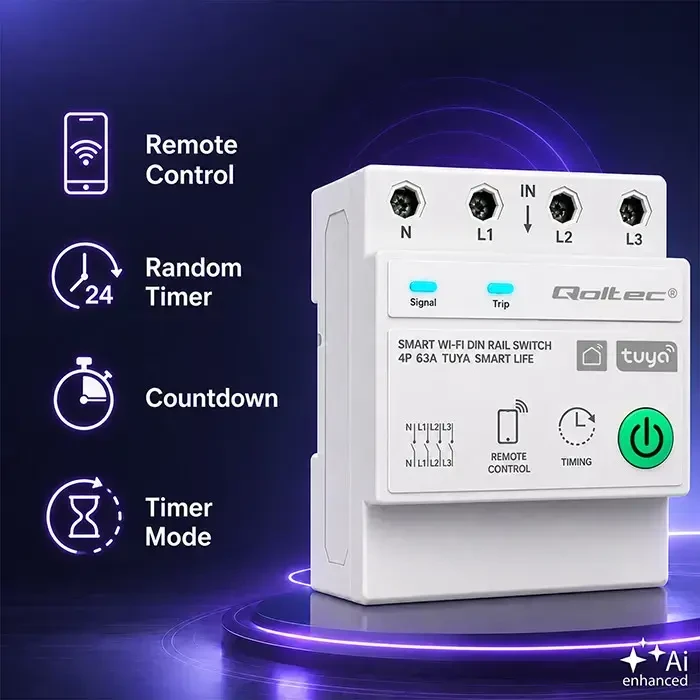 Qoltec Trójfazowy przekaźnik 63A na szynę DIN | 3P+N | Timer | Wi-Fi | Tuya | Smart Life | Amazon Alexa | 4P