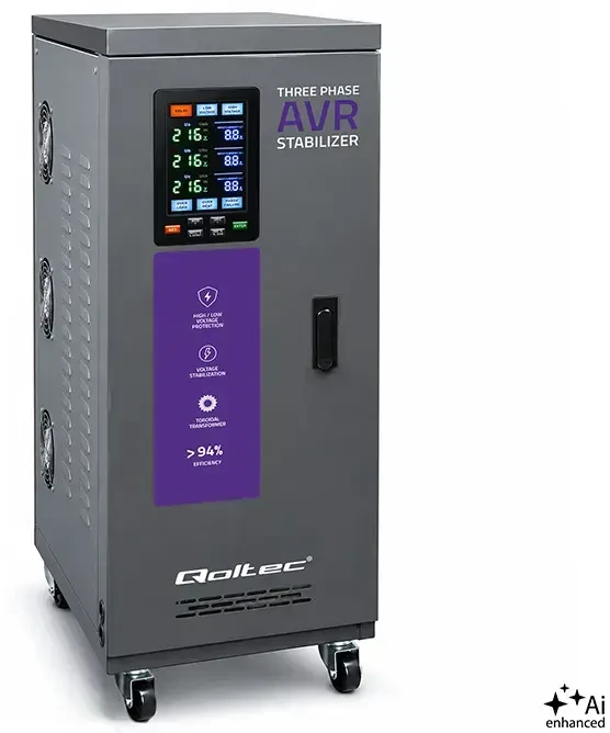 Qoltec Trójfazowy stabilizator napięcia AVR MULTIPROTECTION | 20kVA | Dokładność ± 3% | Serwomotor 3F | LCD | Expert Line