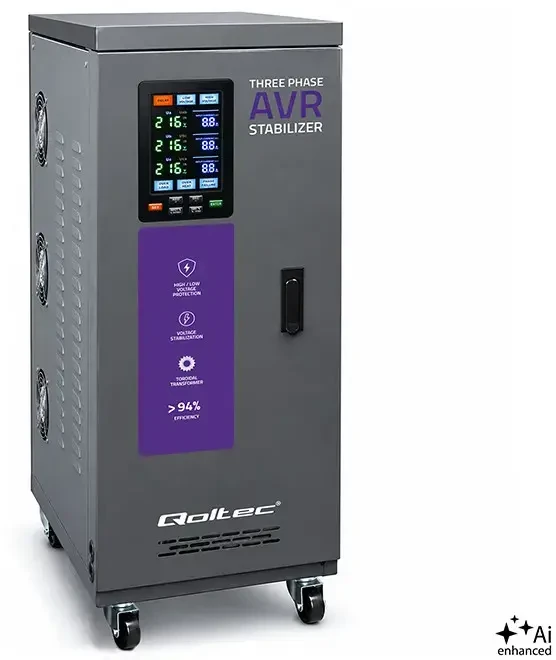 Qoltec Trójfazowy stabilizator napięcia AVR MULTIPROTECTION |15kVA | Dokładność ± 3% | Serwomotor 3F | LCD | Expert Line