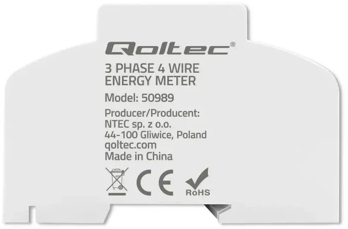 „Qoltec“ 3 fazių dvikryptis elektroninis skaitiklis | Energijos skaitiklis, montuojamas ant DIN bėgelio | 400 V | 100 A | LCD | 4P