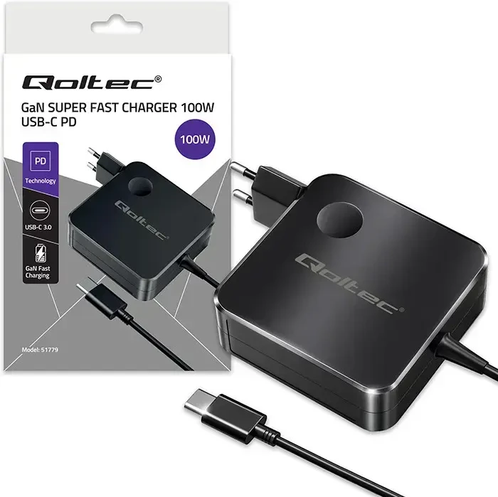 Qoltec 100W GaN Super Fast | USB-C PD | 5-20V | 3-5A | Nešiojamas kompiuteris | MacBook | Išmanusis telefonas | + kabelis 1.8m