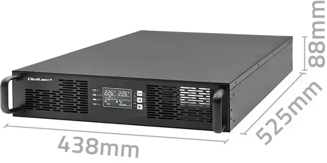 QOLTEC 52287 nepertraukiamo maitinimo šaltinis, skirtas RACK / 3kVA / 3000W / Galios koeficientas 1,0 / LCD / EPO / USB / On line
