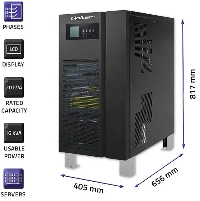 Qoltec Atsarginis maitinimo šaltinis UPS 3 fazių | 20kVA | 16KW | LCD | EPO | SNMP | USB | On-line | Žemo dažnio