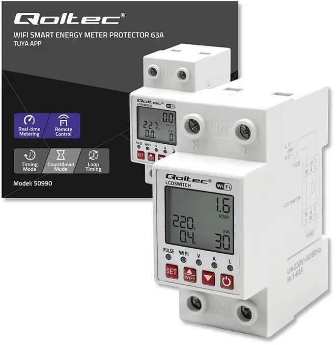 „Qoltec 63A“ relė, skirta DIN bėgeliui, su elektros skaitikliu | Laikmatis | Tuja | Belaidis internetas | LED