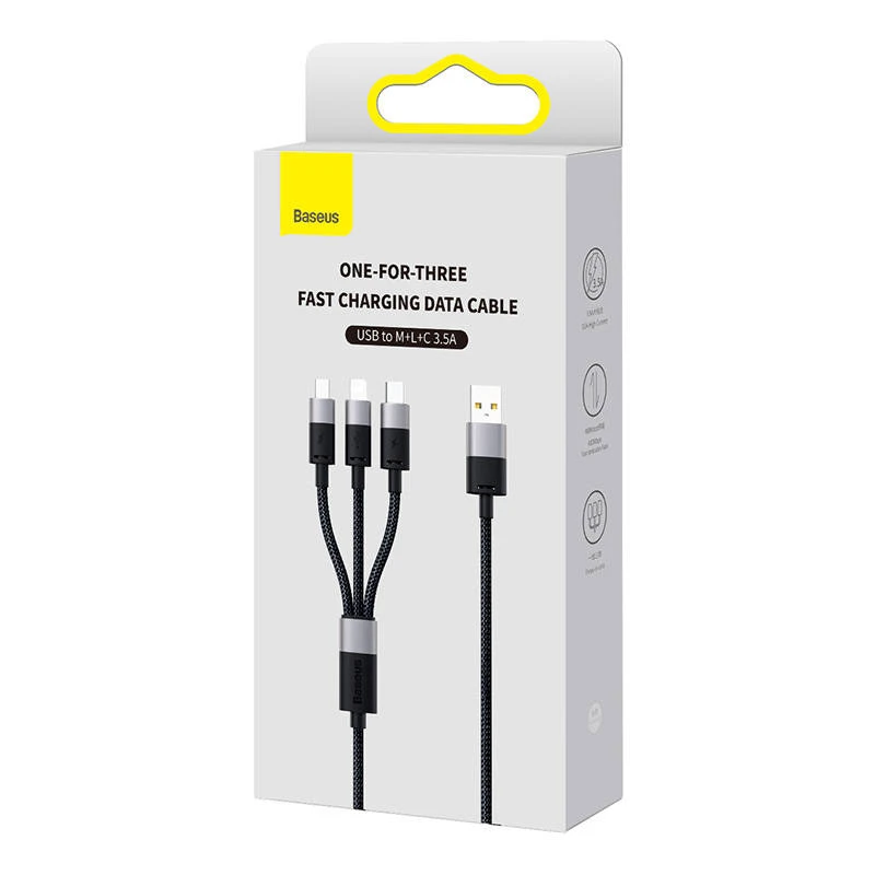 Greitas įkrovimas USB - M+L+C Baseus StarSpeed 3.5A 0.6m - Juodas