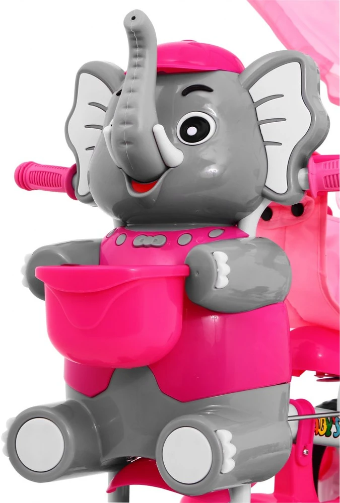 Ramiz Rožinė Triratis "Elephant Rožinė" + garsai + stogelis + barjeras + atrama kojoms + rankena + laikymo skyrius