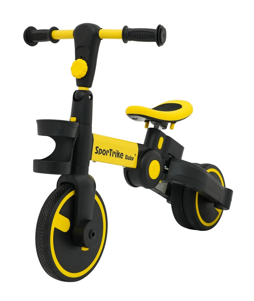 Stumiamas triratukas su rankene Happy Bike 3in1 Sportrike geltonos spalvos