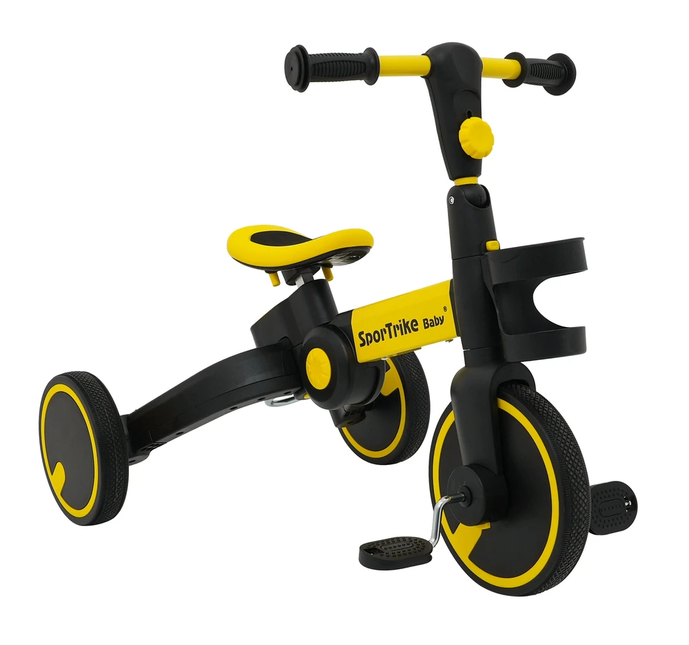 Stumiamas triratukas su rankene Happy Bike 3in1 Sportrike geltonos spalvos
