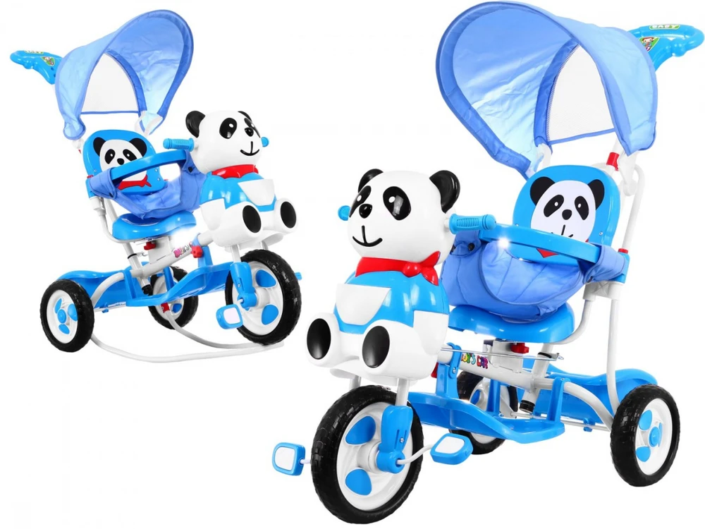 Ramiz Triratis "Panda" mėlynas + garsai + stogelis + barjeras + atrama kojoms + rankena + laikymo skyrius