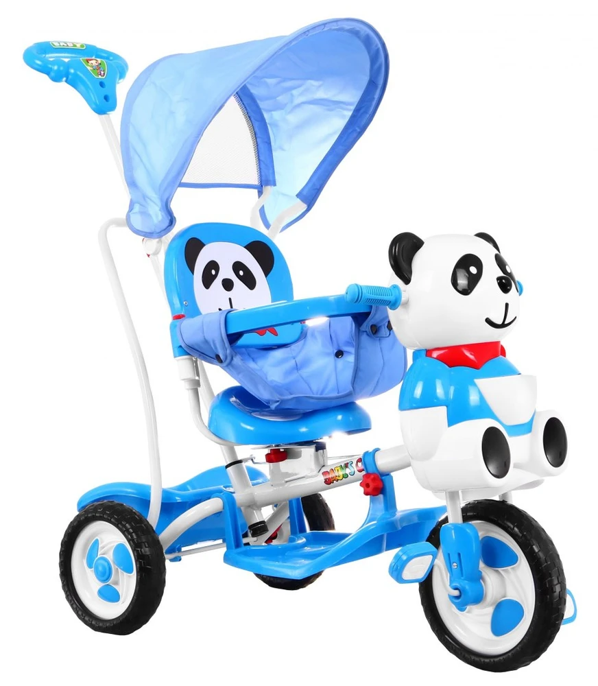 Ramiz Triratis "Panda" mėlynas + garsai + stogelis + barjeras + atrama kojoms + rankena + laikymo skyrius
