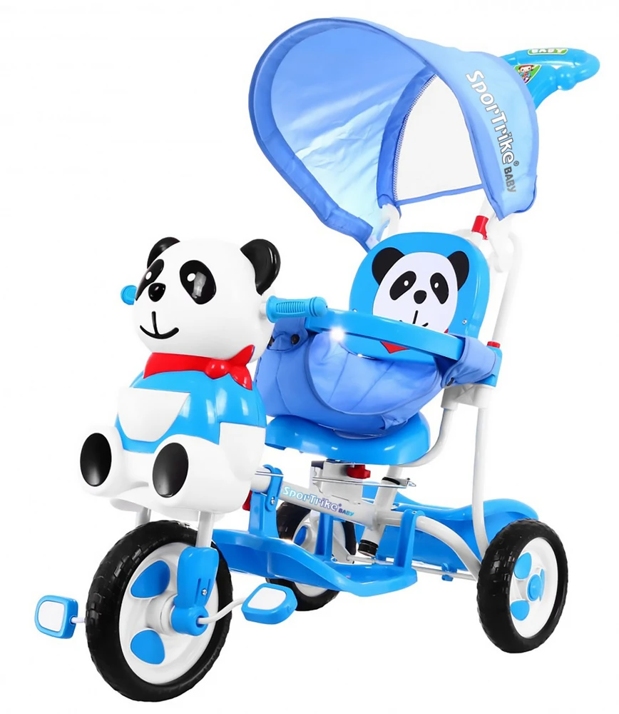 Ramiz Triratis "Panda" mėlynas + garsai + stogelis + barjeras + atrama kojoms + rankena + laikymo skyrius