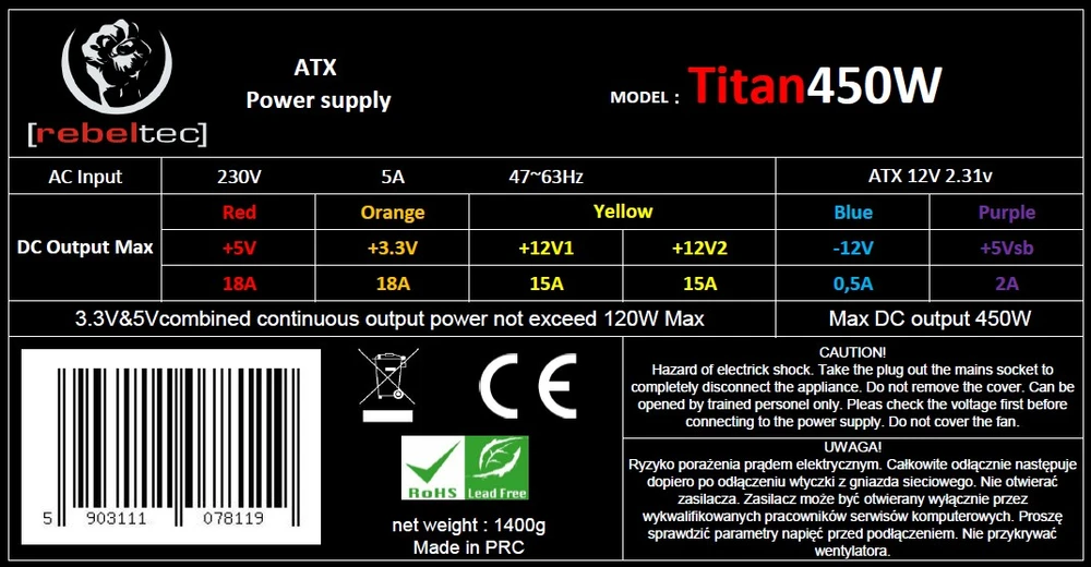 Maitinimo šaltinis Rebeltec Titan Series 450W