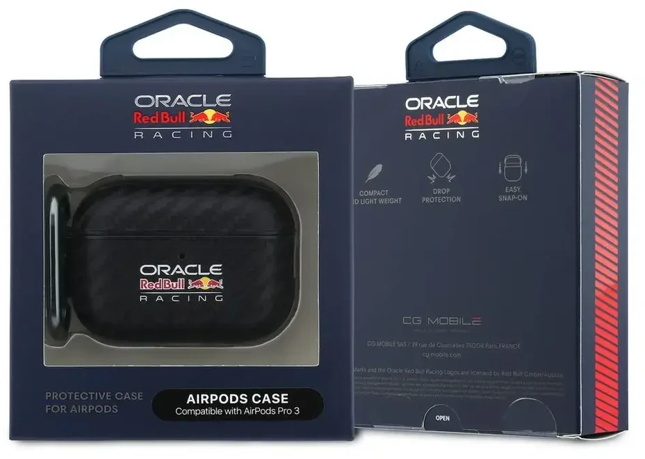 Red Bull Raudona Bull Raudona Bull PU anglies pluošto dėklas AirPods Pro 3, juodas