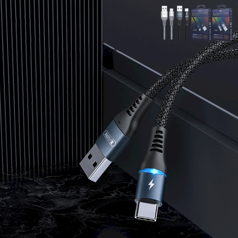 REMAX Colorful Light 2.4A duomenų perdavimo kabelis RC-152a (USB-Type C ): Spalva - Juoda