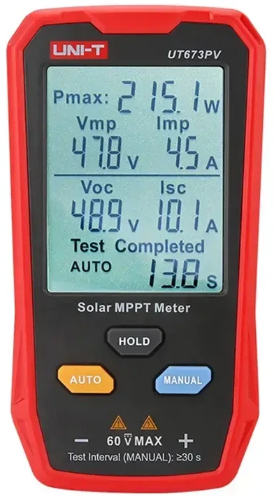 MPPT testeris, 5-800W, 0-35A, 12-60VDC, rankinis/auto režimas, UNI-T