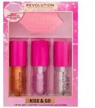 Makeup Revolution London Kiss & Go Lip Oil Set Lip Oil rinkinys moterims (Lip Oil Honey 4,5 ml+ Lip Oil Peach Rožinė 4,5 ml+ Lip Oil Watermelon 4,5 ml + Lūpų pilingas )