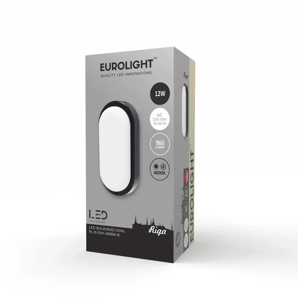 Sieninis šviestuvas Riga oval LED šviestuvas 12W 4000K IP65 Eurolight Juodas