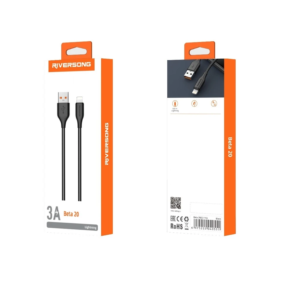 Riversong kabelis Beta 20 USB - USB-C 2m 3A juodos spalvos CT115