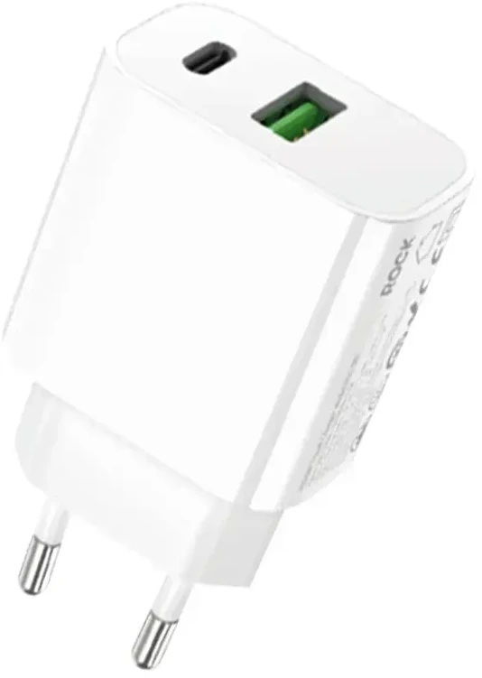 Rock Laidinis įkroviklis T43 – USB + Type C – QC 3.0 PD 20W 3A baltos spalvos
