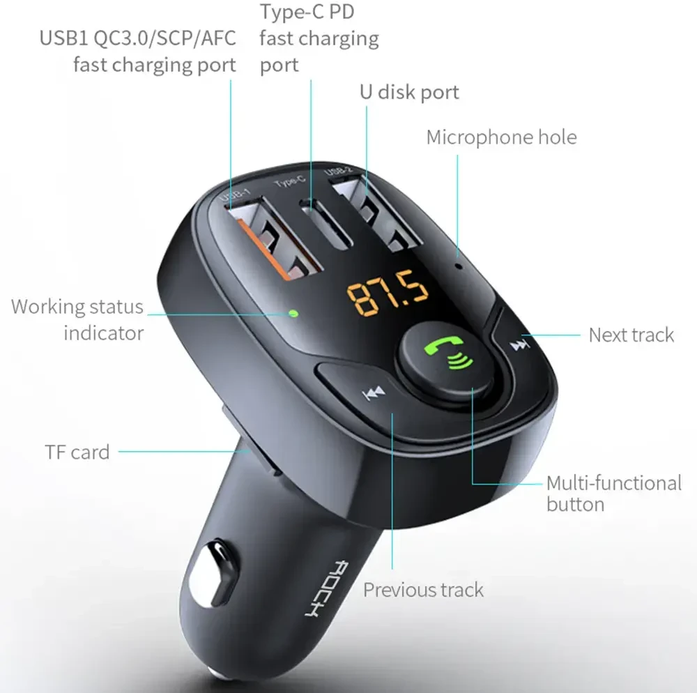 Rock Transmiter FM B301 MP3, Bluetooth - 2xUSB + Type C + micro SD - 36W juodas