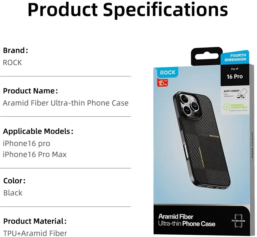 Rock Ultra Thin Aramid Fiber Kevlar 600D dėklas skirtas Apple iPhone 16 Pro juodos spalvos