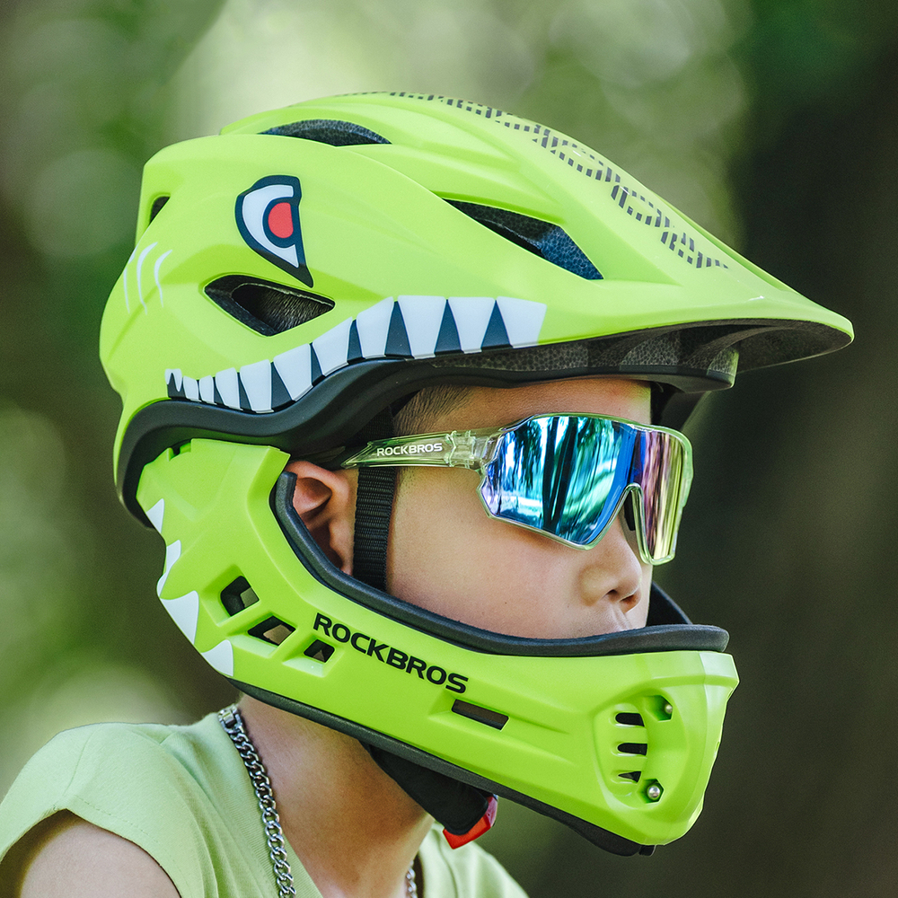 Rockbros TT-32003 Shark vaikiškas dviračio šalmas su nuimamu smakru, dydis S (48-52) - Žalias