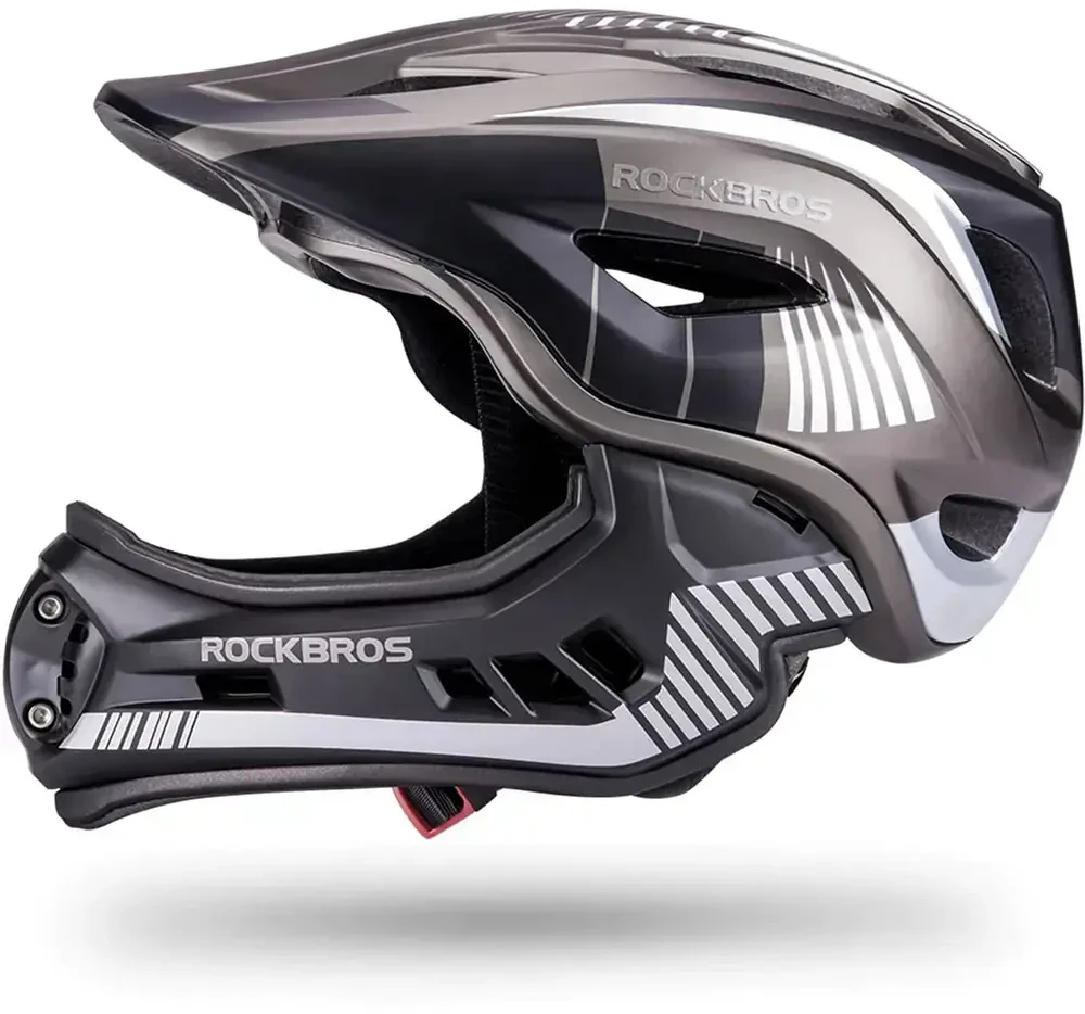 Rockbros TT-32SBTG-M vaikiškas dviračio šalmas su nuimamu smakro apsauga, dydis M - pilka