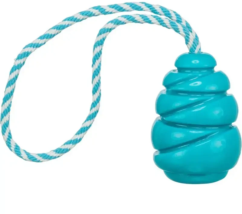 Trixie Super Strong pritūpimo kamuolys su virve, žaislas šunims, šviesiai mėlynas, TPR, 36,5 cm / 7,9 cm
