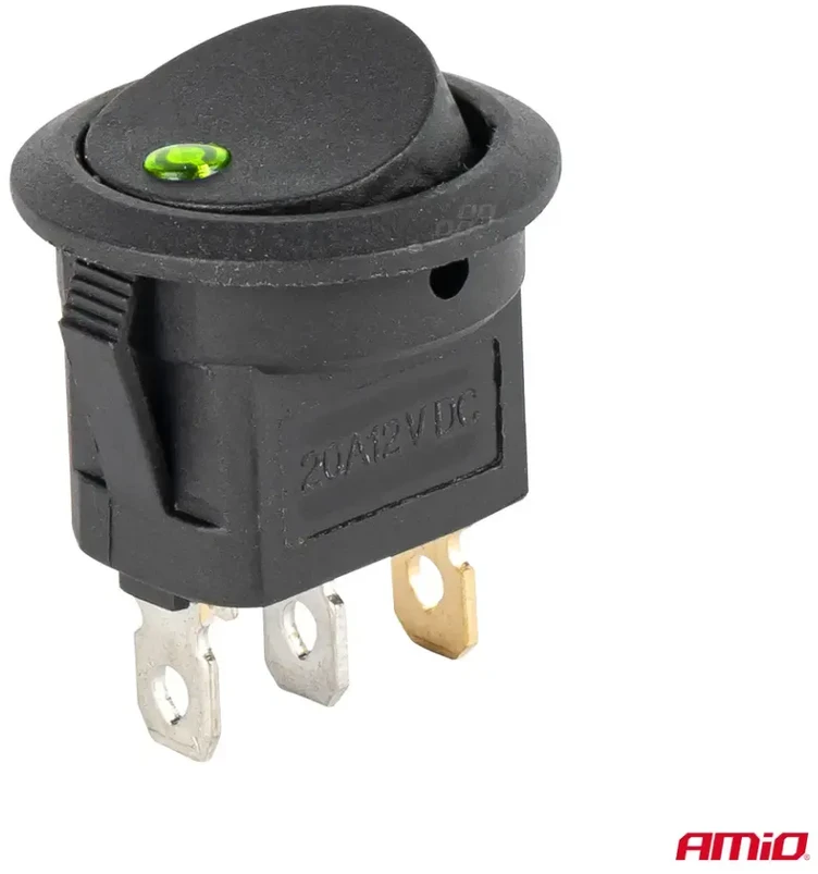 Jungiklis, apvalus mygtukas, 12 V 20 A, įjungimas/išjungimas, žalias foninis apšvietimas, amio-03964