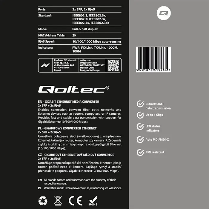 Šakotuvas Qoltec Dwukierunkowy Media Konwerter SWITCH Ethernet 2x RJ45 2x SFP| 1000Mb/s | 5V