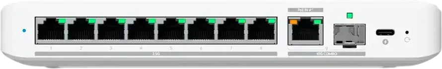 Šakotuvas UBIQUITI FLEX 2.5G LANKSTUSIS, 8 PRIESTŲ 2.5 GBE JUNGIKLIS SU 10 GBE RJ45/SFP+ KOMBINUOTU UPLINK PRIEDAS, GALIMA MAITINTI SU USB-C ARBA POE+ ADAPTERIU