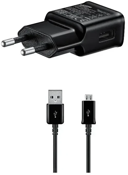 Galaxy EP-TA200EBE + ECB-DU4EBE Samsung 15W kelioninis įkroviklis + microUSB duomenų kabelis, juodas (OOB Bulk)