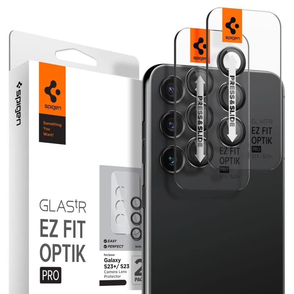 „Spigen Optik Pro GLAS.TR EZ Fit“ fotoaparato apsauginis stikliukas, 2 vnt., skirtas „Samsung Galaxy S23 / 23+“ (juodas)