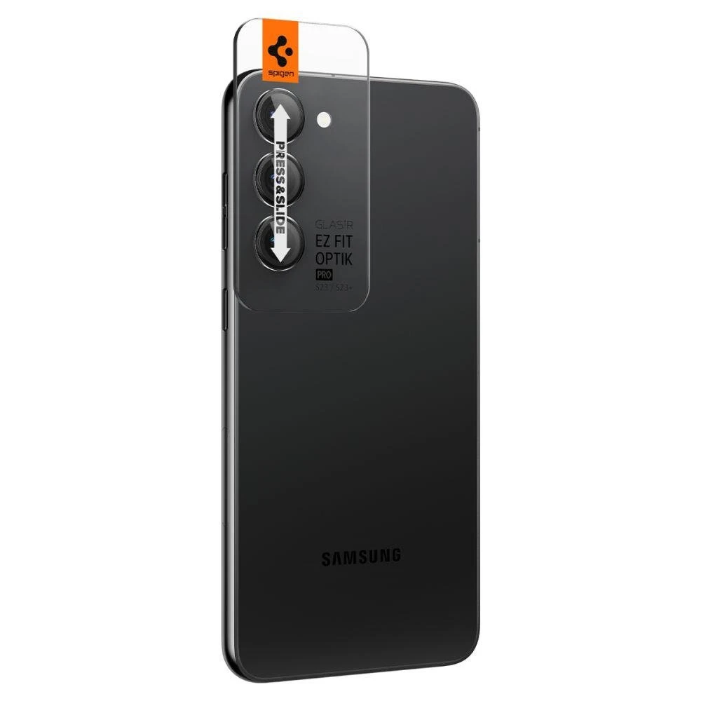 „Spigen Optik Pro GLAS.TR EZ Fit“ fotoaparato apsauginis stikliukas, 2 vnt., skirtas „Samsung Galaxy S23 / 23+“ (juodas)