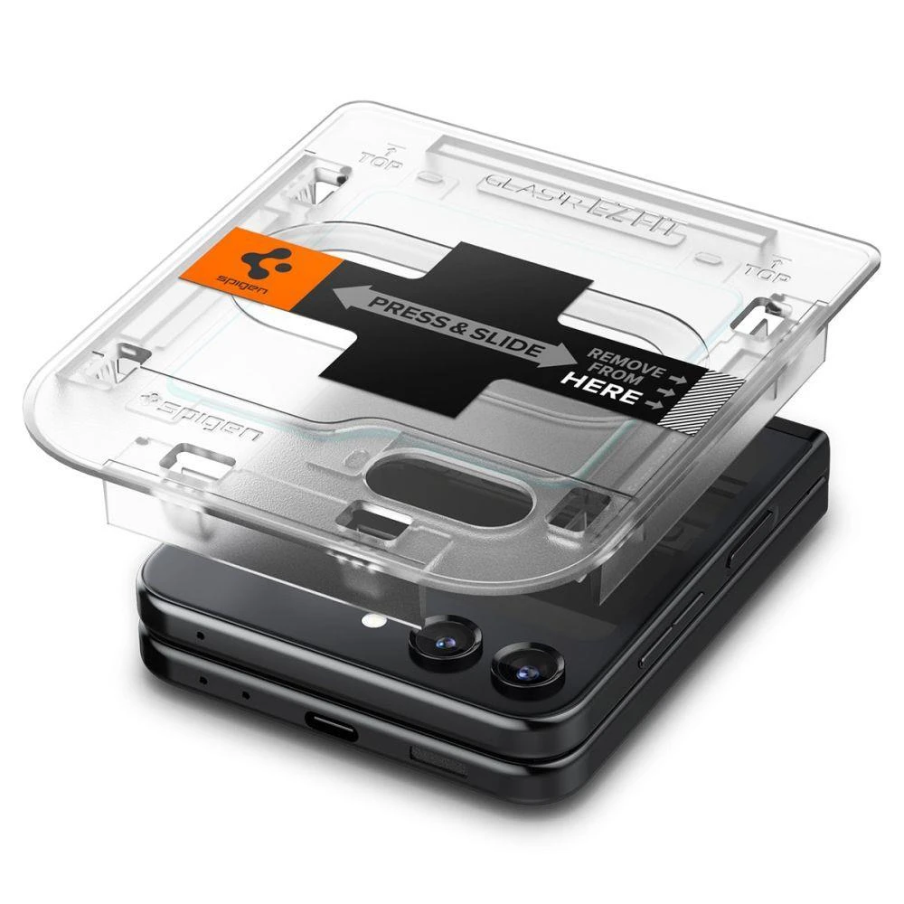 „Spigen Glass tR EZ Fit“ skaidrus dėklas, 2 vnt. pakuotėje – „Samsung Galaxy Z Flip5“.
