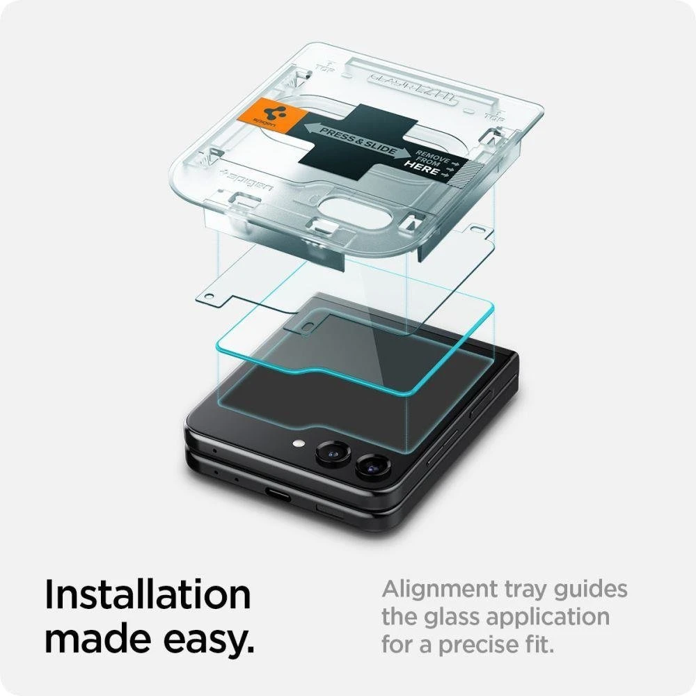 „Spigen Glass tR EZ Fit“ skaidrus dėklas, 2 vnt. pakuotėje – „Samsung Galaxy Z Flip5“.