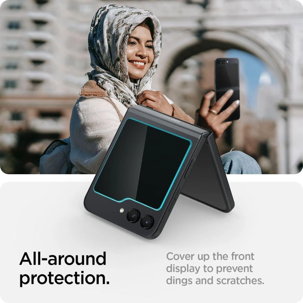 „Spigen Glass tR EZ Fit“ skaidrus dėklas, 2 vnt. pakuotėje – „Samsung Galaxy Z Flip5“.